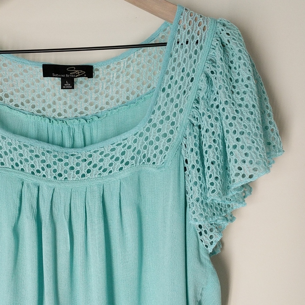 Gauze and lace peasant top in robin's egg blue